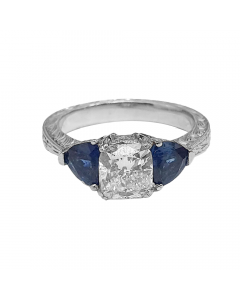 2.11ct VS1/E Cushion & Blue Sapphire 3 Stone Ring