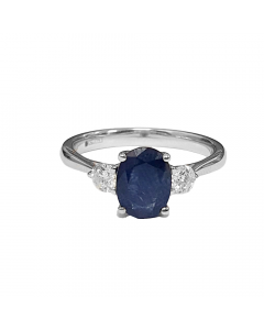 1.99ct VS/EF Oval Cut Blue Sapphire & Round Diamond 3 Stone Gemstone Ring