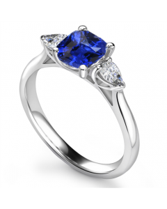 1.00ct VS2/F Blue Sapphire Cushion & Pear Lab Grown Diamond Trilogy Ring
