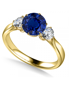1.00ct VS/F Round Blue SapphireTrilogy Ring in 18K Yellow Gold
